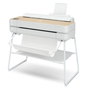Traceur HP DesignJet Studio 24 pouces Finition Bois vue de biais avec son Panier