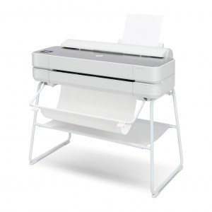 Traceur HP DesignJet Studio 24 pouces finition metal avec son panier sur son stand vue de biais