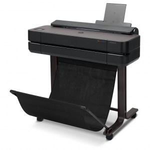 Traceur HP DesignJet T650 24 pouces sur son stand avec panier vue de biais